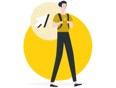 Illustration of a man walking with backpack in front of a globe and upward arrow symbolising growth.